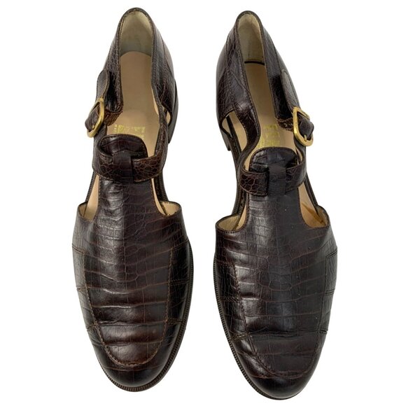 VTG Ferragamo 7B Crocodile Leather T-strap Buckle Shoes Flat Brown Italy 7965 - Picture 3 of 15